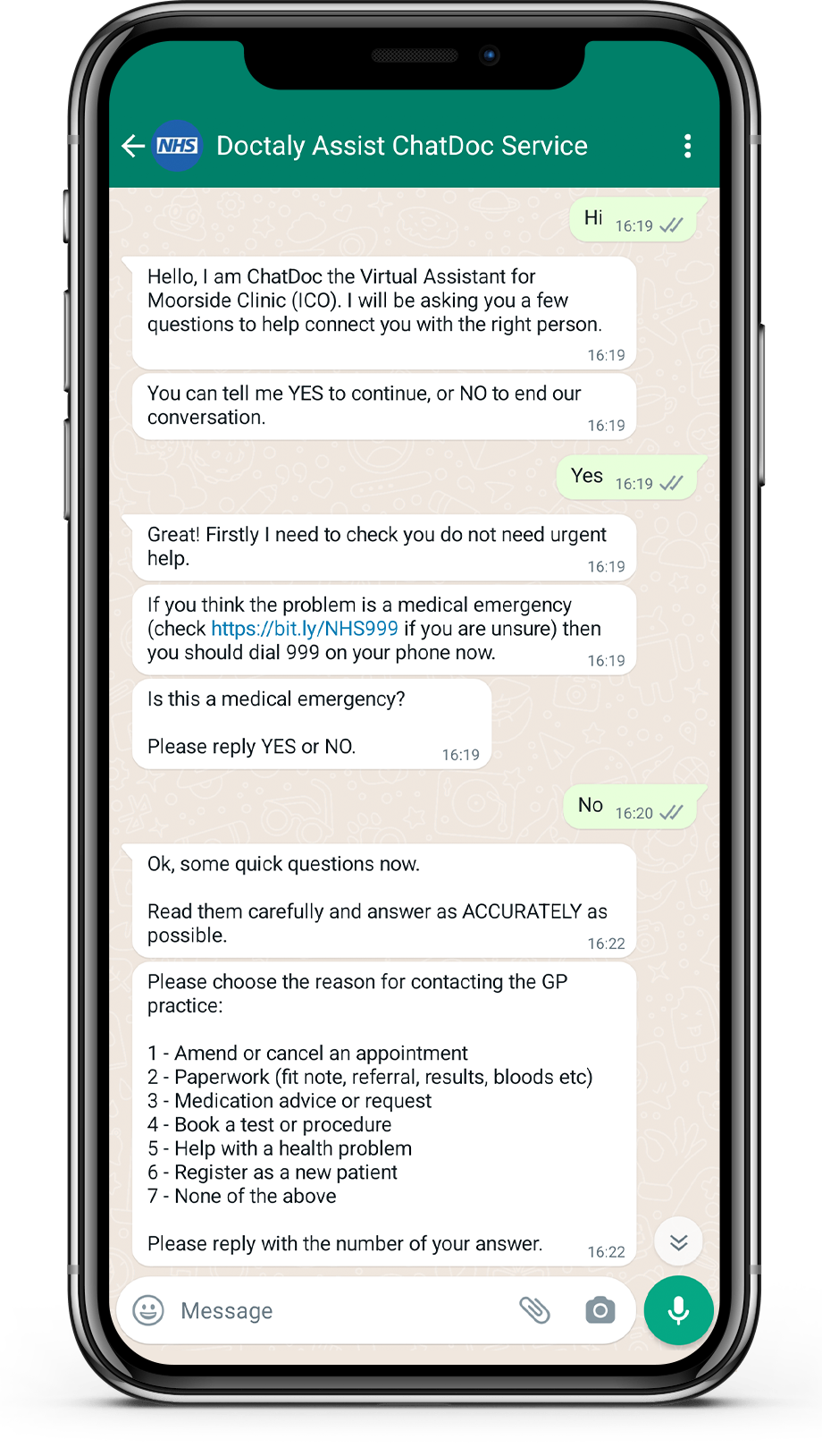 A ChatDoc consultation on over WhatsApp, on a mobile phone